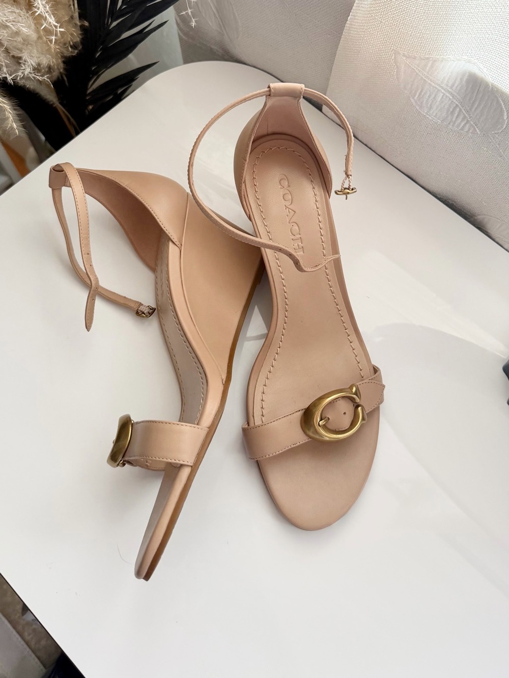 Coach Tan/ Nude Ankle-Strap Heeled Sandals with Gold Buckle - Picture 2 of 3